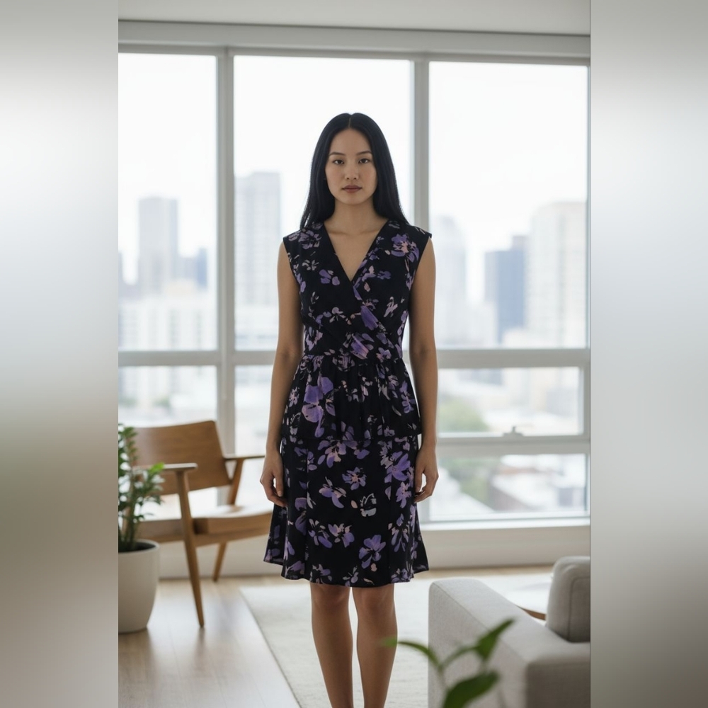 Tracy Reese New York Silk Floral Dress Sz 6 Black Purple